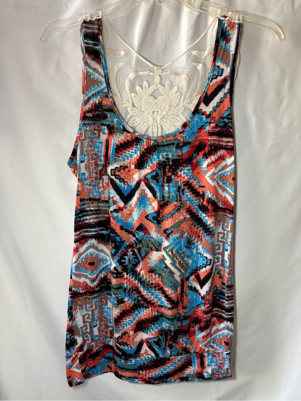 Free Kisses Coral, Blue & Black Aztec-Style Lace-Back Tank, Size Small